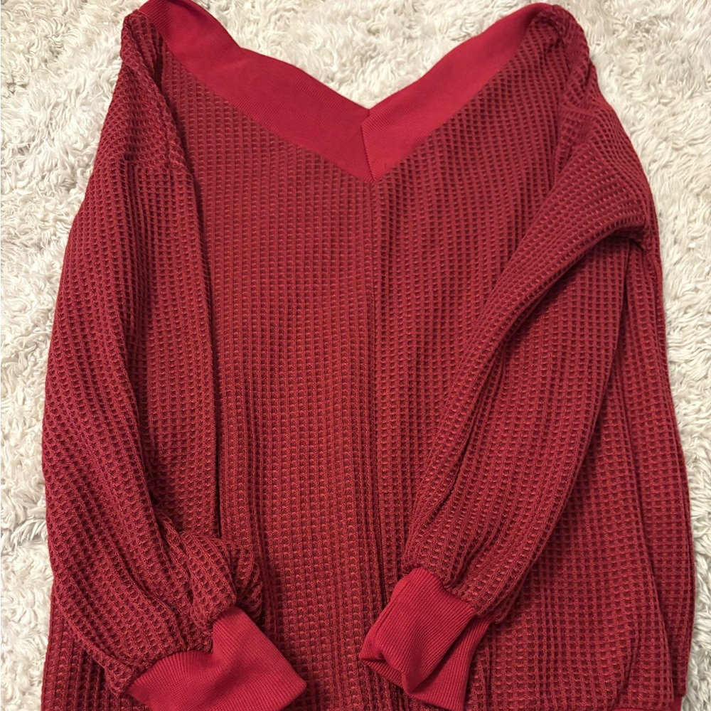 Cozy Waffle Knit V-Neck Oversized Sweater - Deep Red